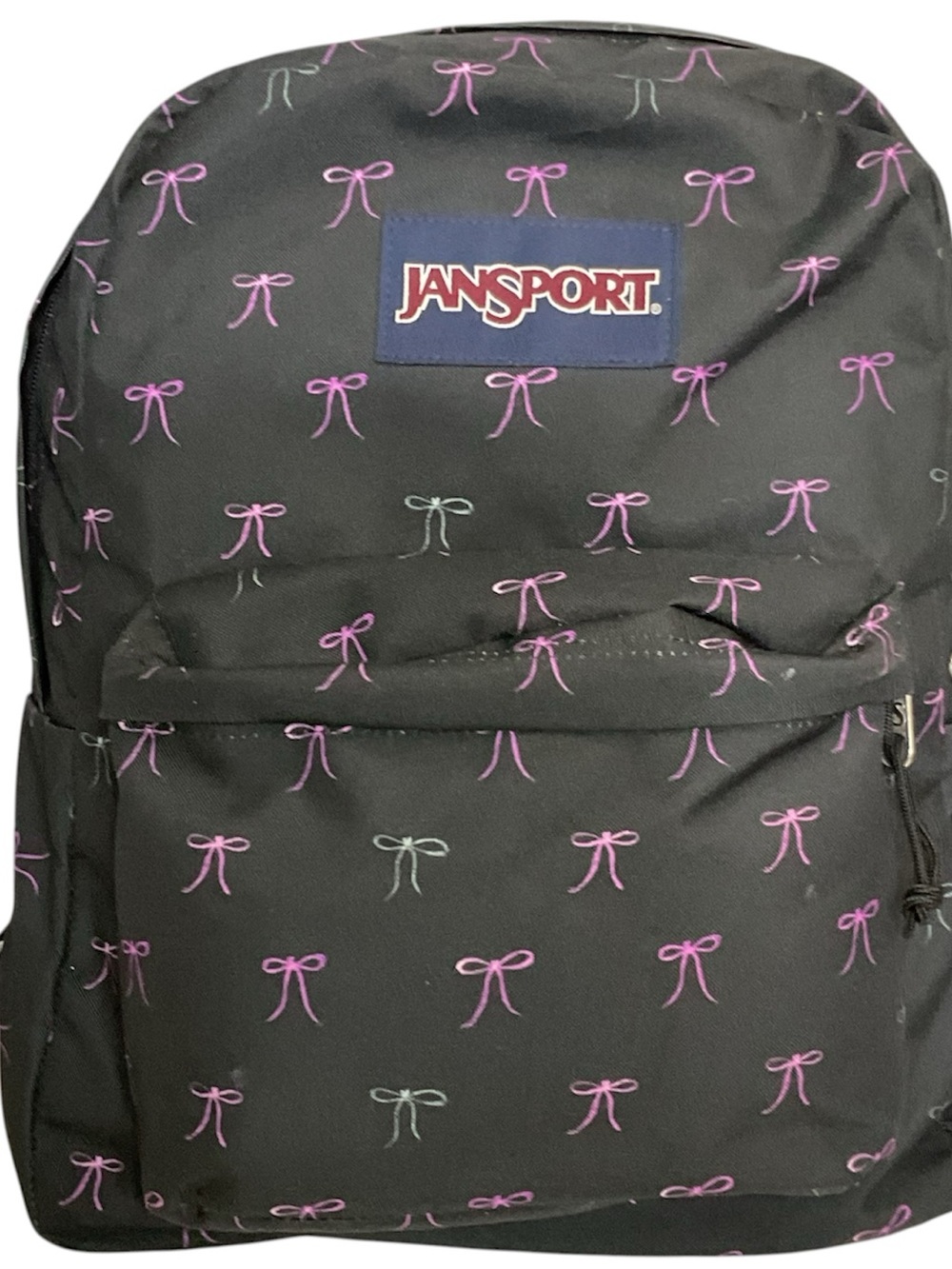 Jansport Black Backpack with Pink and Light Blue Bow Print